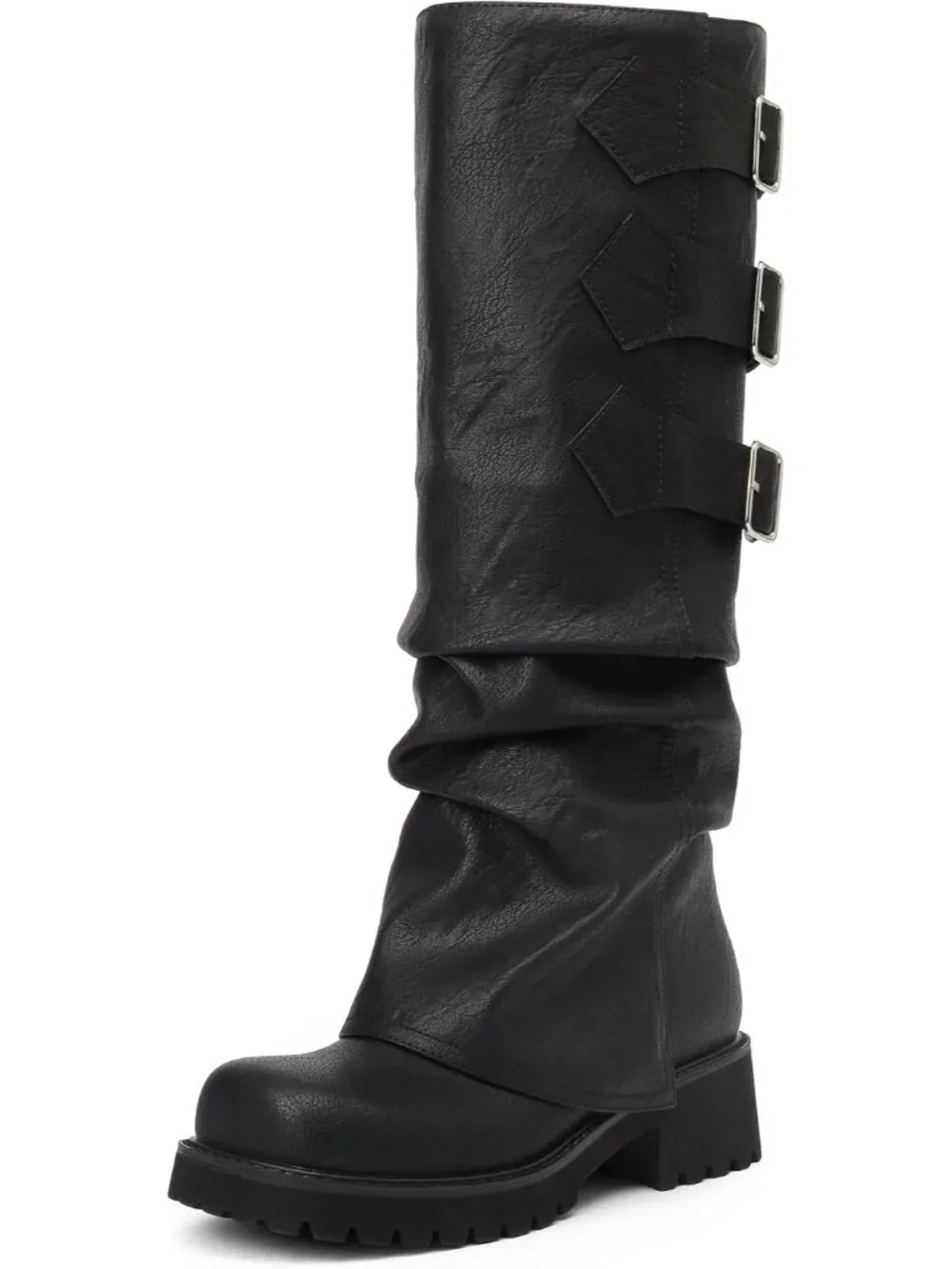 Women's Black Block Heeled Square Toe Fold Over Knee High Moto Riding Boots